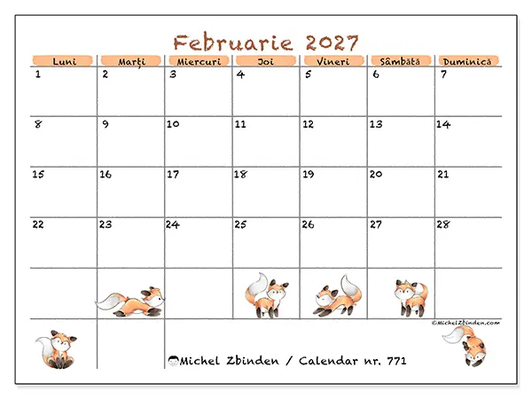 Calendar februarie 2027 de tipărit - Desene cu vulpi