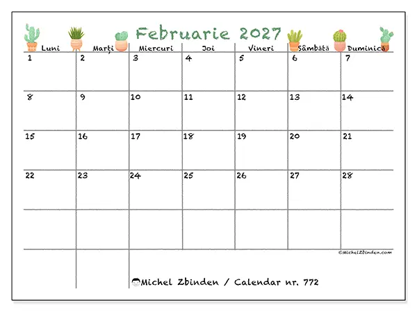 Calendar februarie 2027 de tipărit - Cactuși decorativi