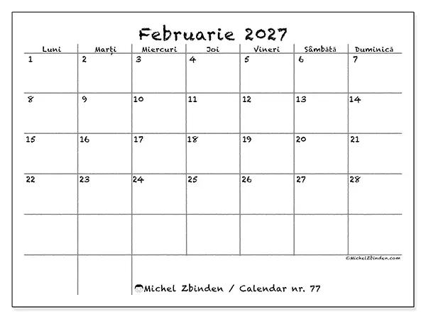 Calendar februarie 2027 de tipărit - Școală și familie