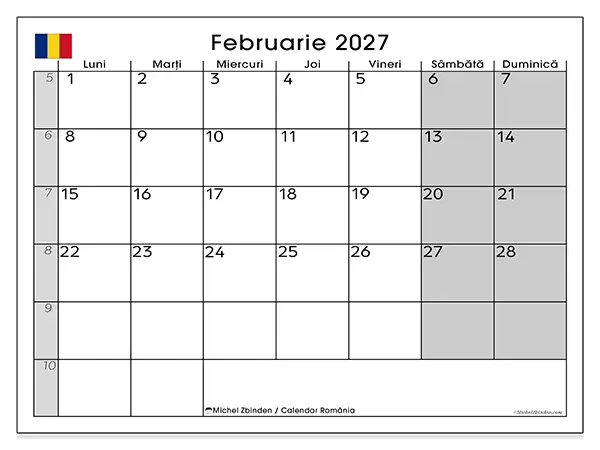 Calendar februarie 2027 de tipărit - România