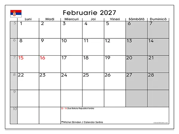 Calendar februarie 2027 de tipărit - Serbia