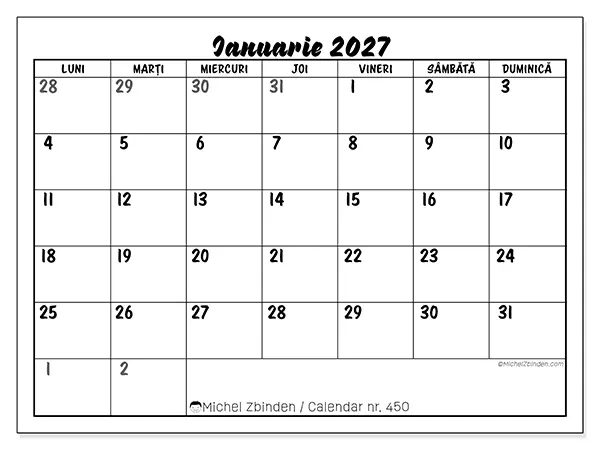 Calendar ianuarie 2027 de tipărit - Model detaliat