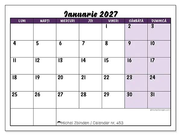 Calendar ianuarie 2027 de tipărit - Sarcini colorate