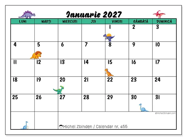 Calendar ianuarie 2027 de tipărit - Dinozauri mici