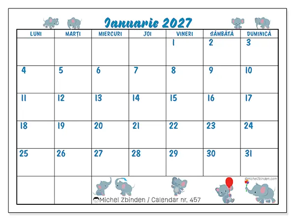 Calendar ianuarie 2027 de tipărit - Elefanți mici