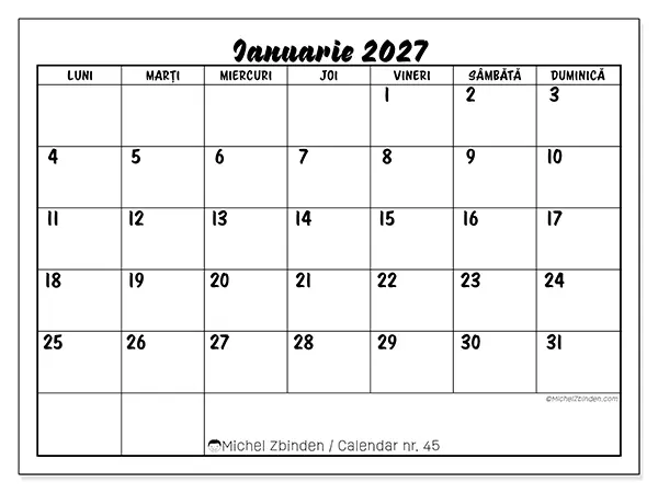 Calendar ianuarie 2027 de tipărit - Succes școlar
