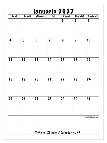 Calendar ianuarie 2027 de tipărit - Planificare clară