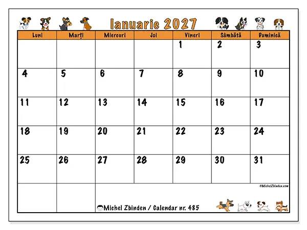 Calendar ianuarie 2027 de tipărit - Câini entuziaști