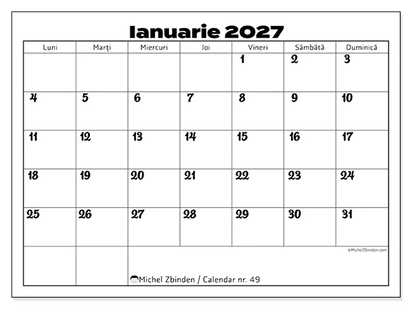 Calendar ianuarie 2027 de tipărit - Coordonarea muncii