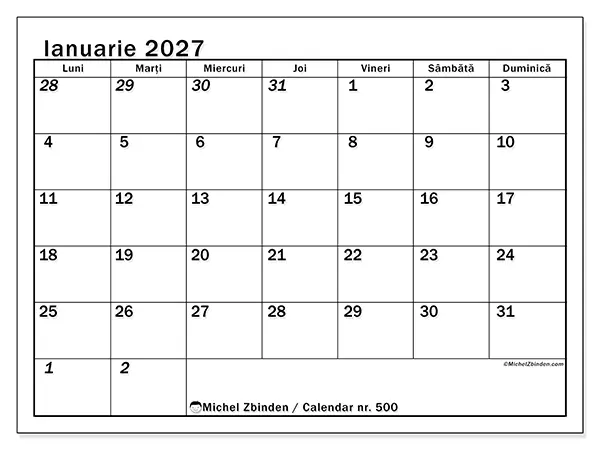 Calendar ianuarie 2027 de tipărit - Planificare intensivă