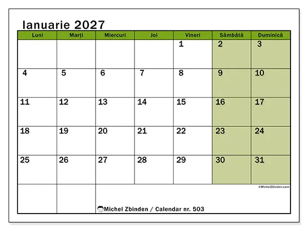 Calendar ianuarie 2027 de tipărit - Culori naturale