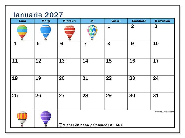 Calendar ianuarie 2027 de tipărit - Baloane cu aer cald