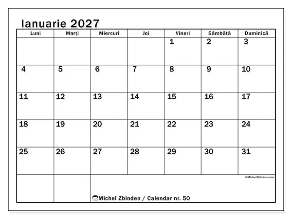 Calendar ianuarie 2027 de tipărit - Lună clară