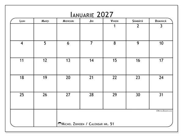 Calendar ianuarie 2027 de tipărit - Planificator de mese