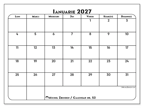 Calendar ianuarie 2027 de tipărit - Plan de lucru