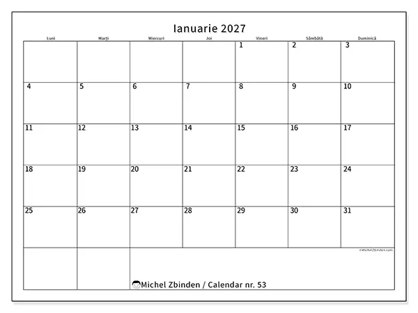Calendar ianuarie 2027 de tipărit - Program clar