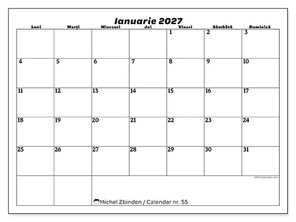Calendar ianuarie 2027 de tipărit - Timp liber