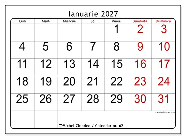 Calendar ianuarie 2027 de tipărit - Vedere rapidă