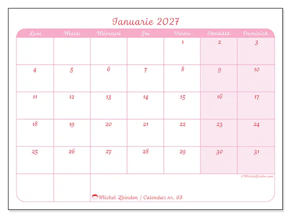 Calendar ianuarie 2027 de tipărit - Aspect calm