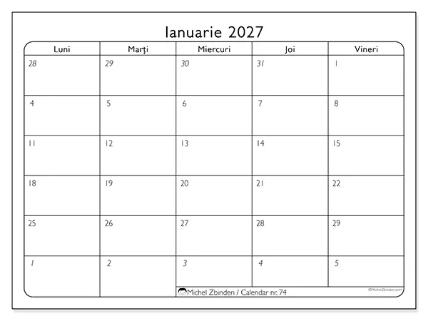 Calendar ianuarie 2027 de tipărit - Zile lucrătoare