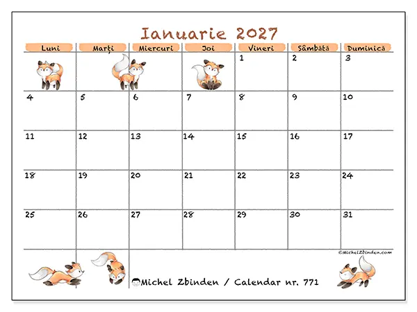 Calendar ianuarie 2027 de tipărit - Desene cu vulpi