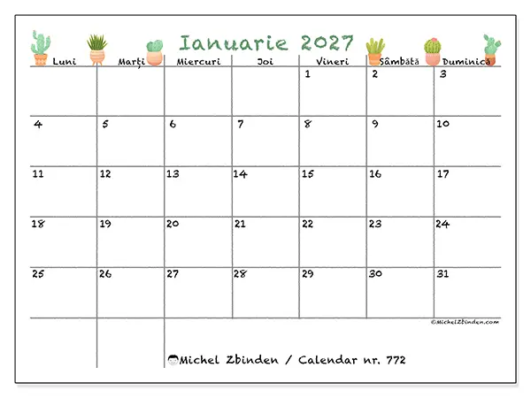 Calendar ianuarie 2027 de tipărit - Cactuși decorativi