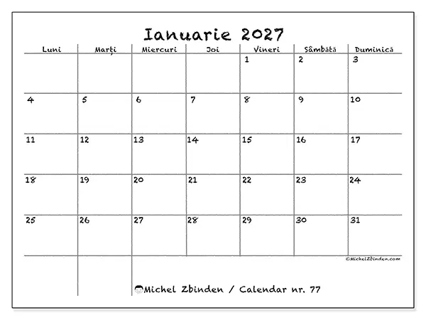 Calendar ianuarie 2027 de tipărit - Școală și familie
