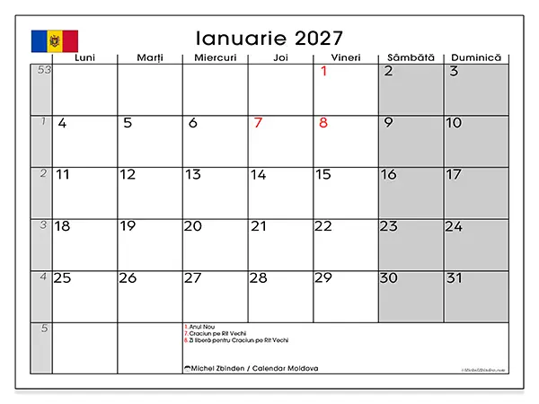 Calendar ianuarie 2027 de tipărit - Moldova