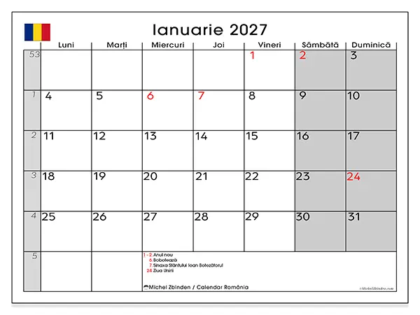 Calendar ianuarie 2027 de tipărit - România