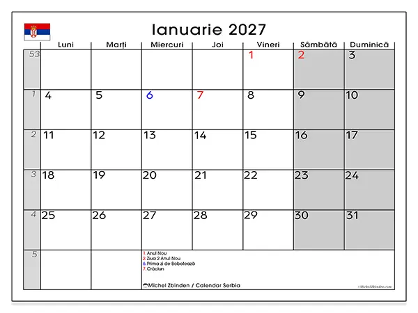 Calendar ianuarie 2027 de tipărit - Serbia