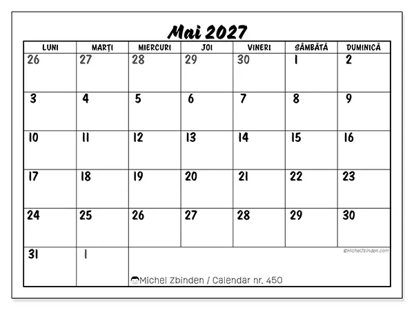 Calendar mai 2027 de tipărit - Model detaliat