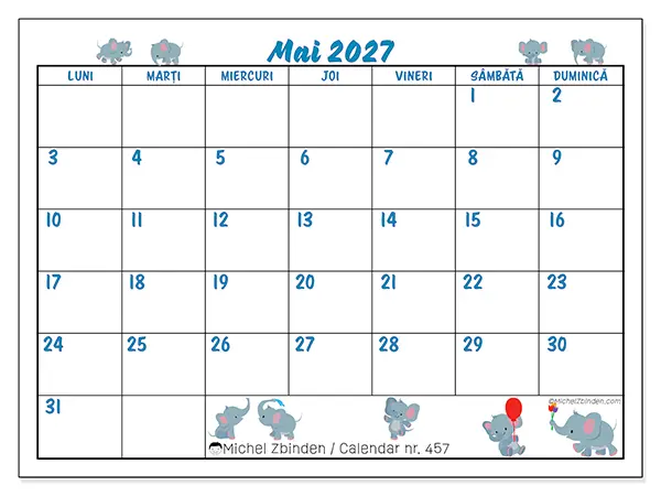 Calendar mai 2027 de tipărit - Elefanți mici