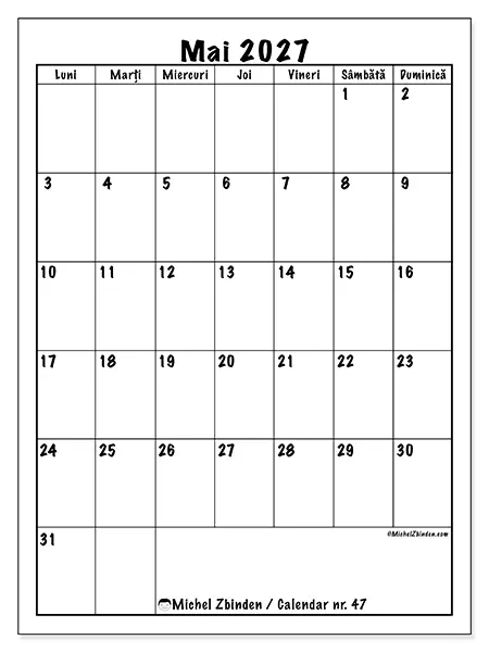 Calendar mai 2027 de tipărit - Planificare clară