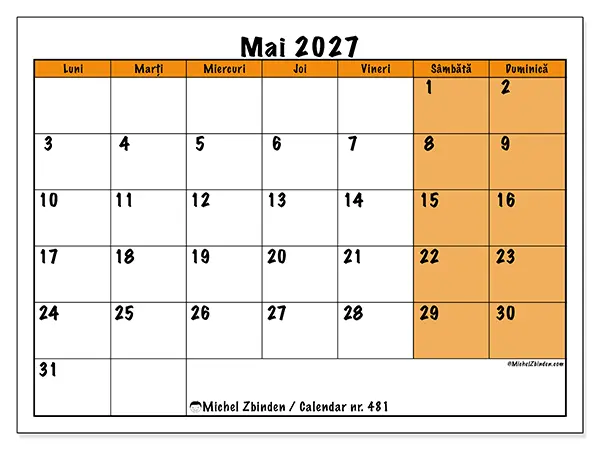 Calendar mai 2027 de tipărit - Planificare dinamică