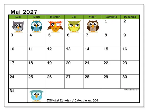 Calendar mai 2027 de tipărit - Bufnițe amuzante