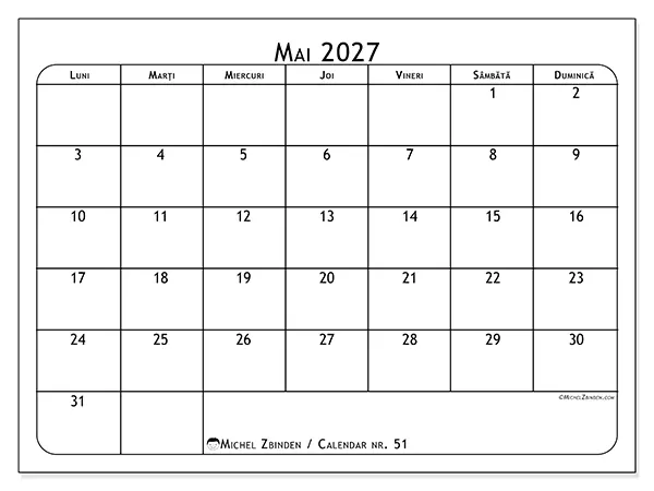 Calendar mai 2027 de tipărit - Planificator de mese