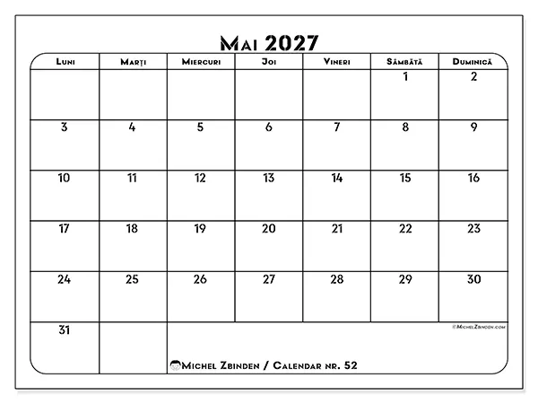 Calendar mai 2027 de tipărit - Plan de lucru