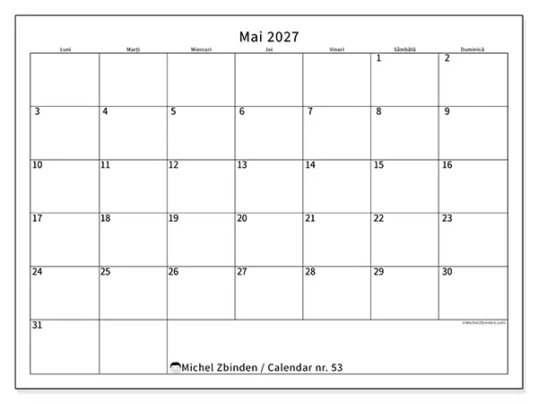Calendar mai 2027 de tipărit - Program clar