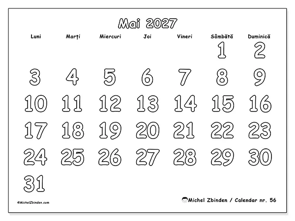 Calendar mai 2027 de tipărit - Colorat util