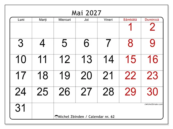 Calendar mai 2027 de tipărit - Vedere rapidă