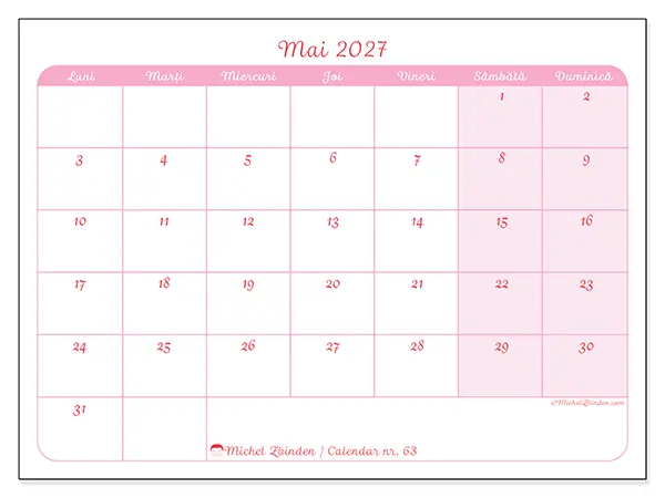Calendar mai 2027 de tipărit - Aspect calm