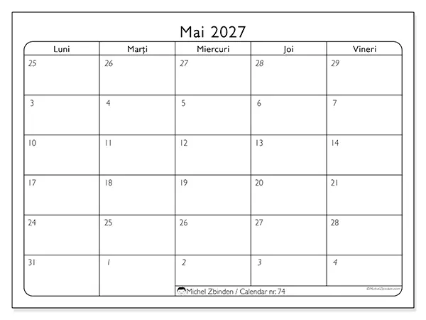 Calendar mai 2027 de tipărit - Zile lucrătoare