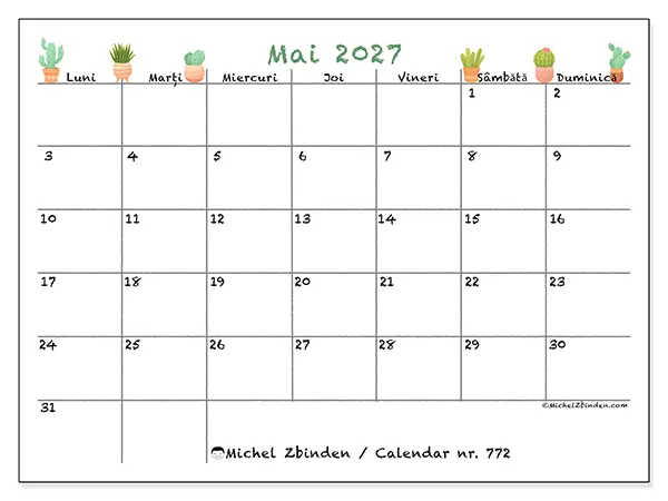 Calendar mai 2027 de tipărit - Cactuși decorativi