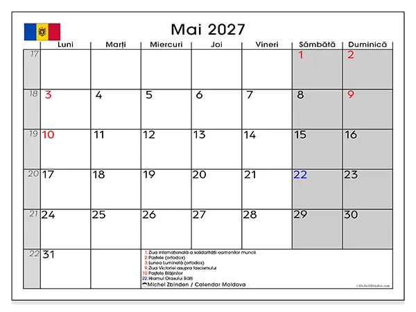 Calendar mai 2027 de tipărit - Moldova