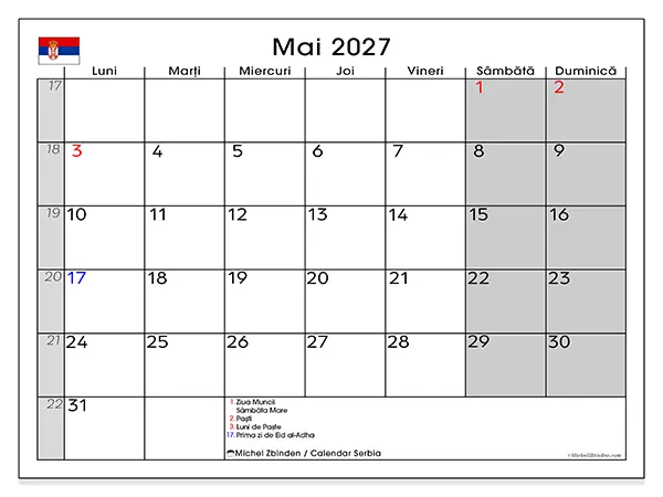 Calendar mai 2027 de tipărit - Serbia