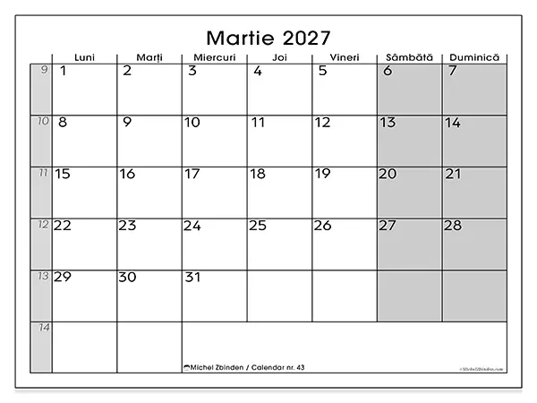 Calendar martie 2027 de tipărit - Vedere clară
