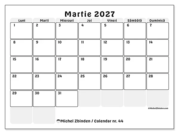 Calendar martie 2027 de tipărit - Planificare structurată