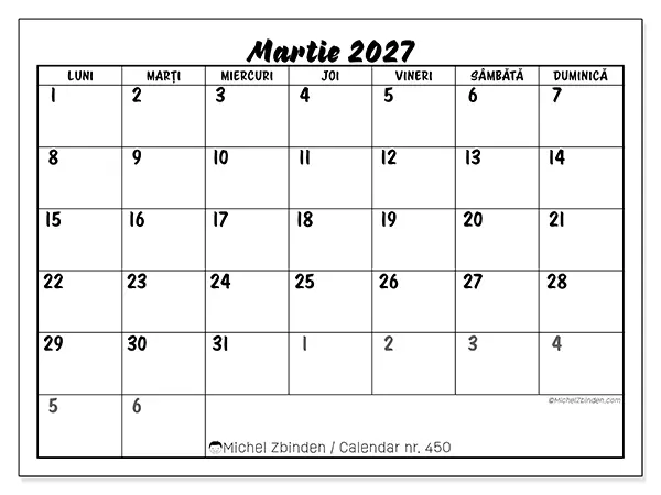 Calendar martie 2027 de tipărit - Model detaliat