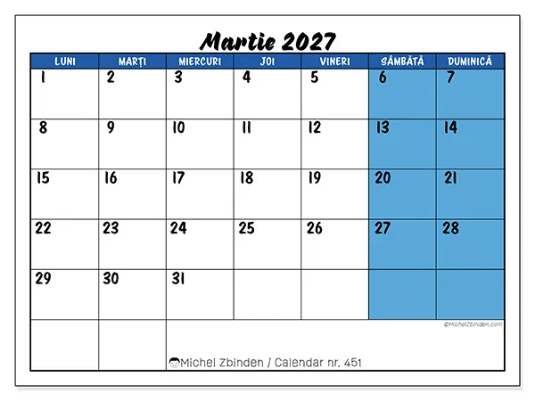 Calendar martie 2027 de tipărit - Vedere albastră