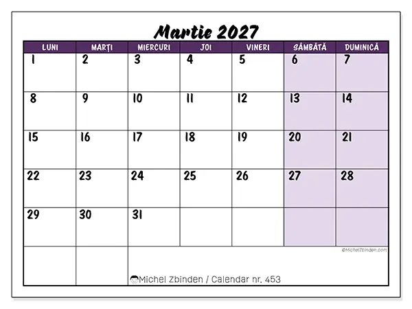 Calendar martie 2027 de tipărit - Sarcini colorate